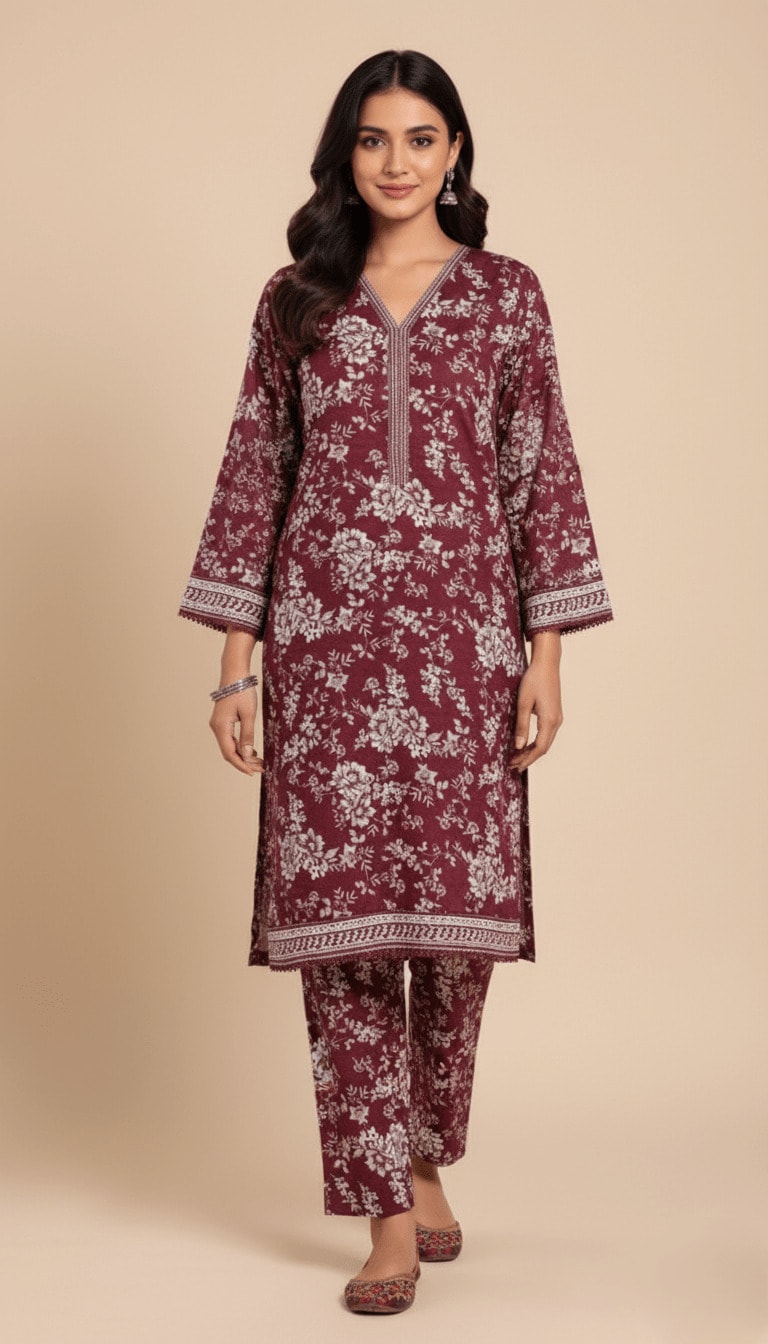 Binsaeed Khaddar Suit Maroon White Floral Print 2pc | SuitsMeUK