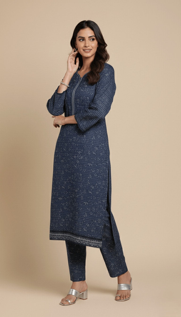 Binsaeed Khaddar Suit Midnight Blue Lined Print 2pc | SuitsMeUK