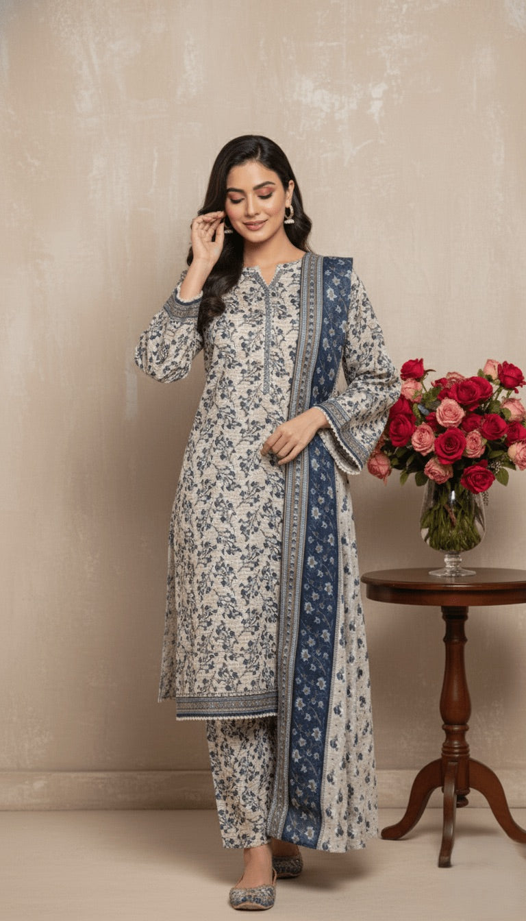 Binsaeed Light Khaddar 3PC Suit Blue Floral Print | SuitsMeUK