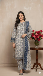 Binsaeed Light Khaddar 3PC Suit Blue Floral Print | SuitsMeUK