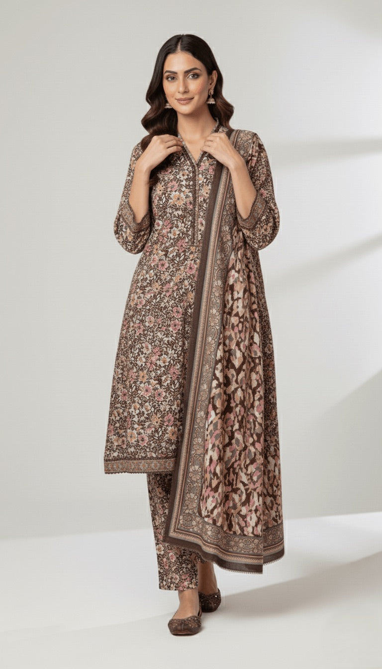 Binsaeed Mauve Brown Khaddar 3PC Suit | SuitsMeUK