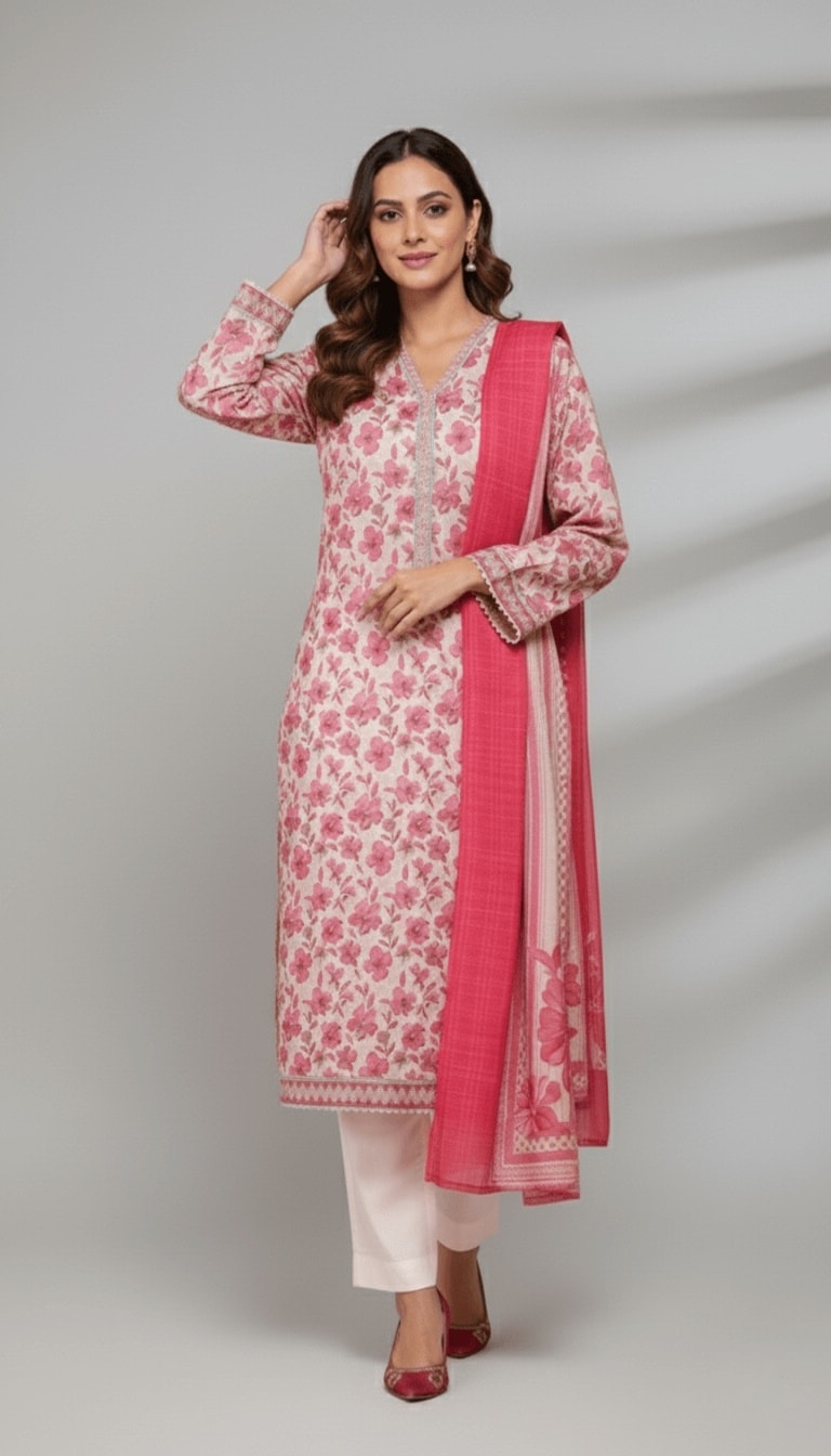Binsaeed Pink Floral Khaddar 3PC Suit | SuitsMeUK