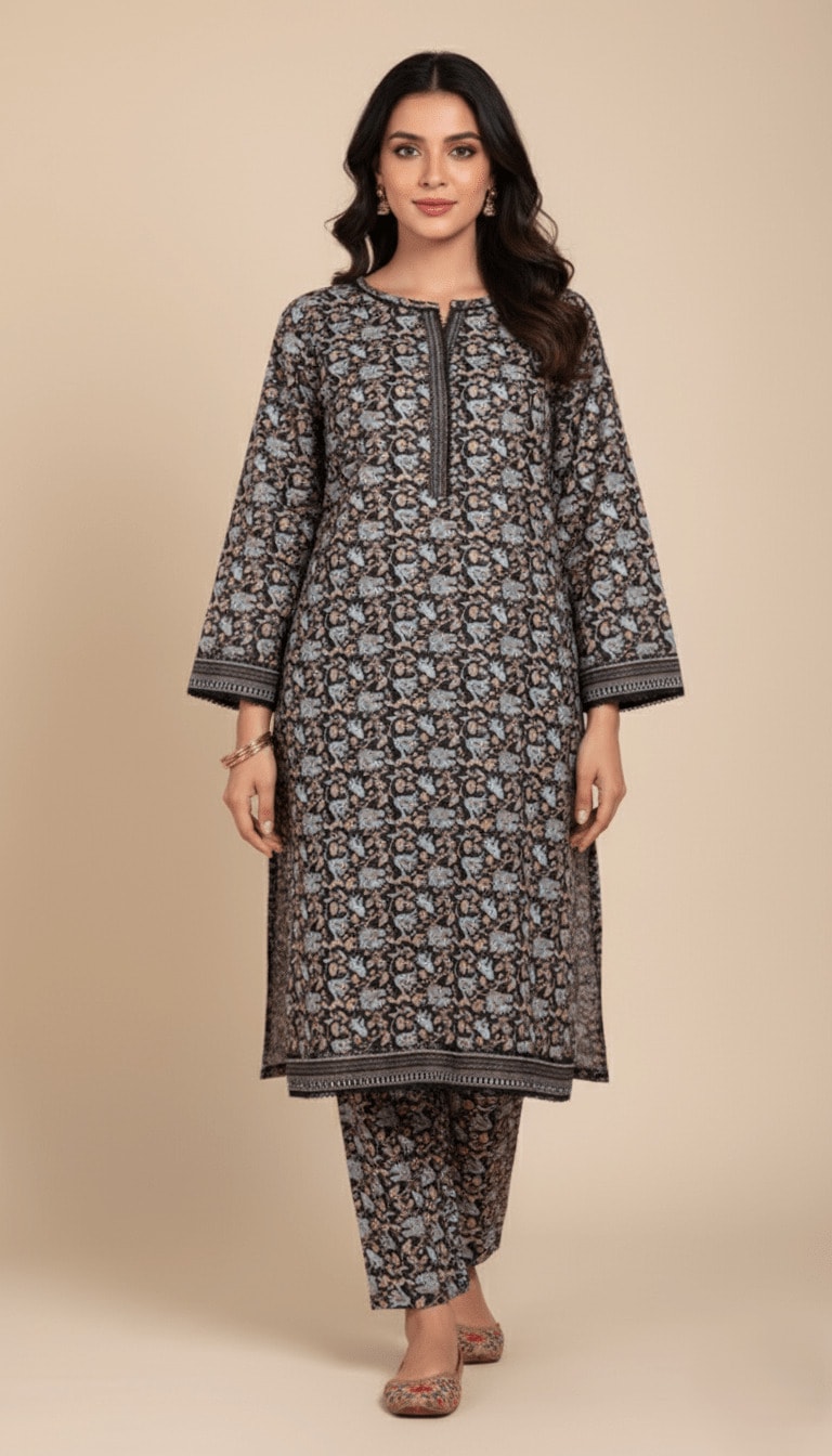 Binsaeed Printed Khaddar Suit Charcoal Floral 2pc Winter Suit | SuitsMeUK