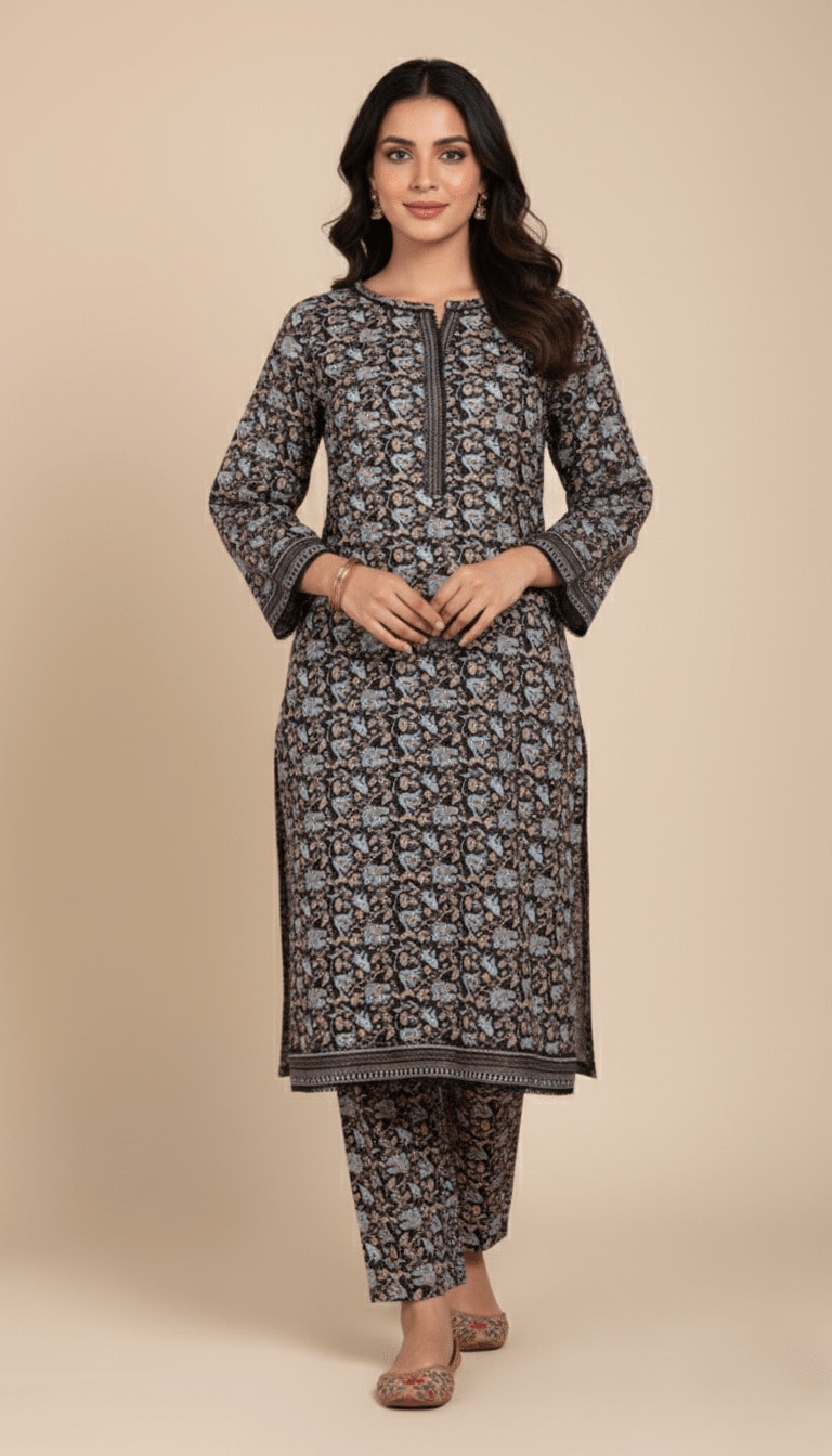 Binsaeed Printed Khaddar Suit Charcoal Floral 2pc Winter Suit | SuitsMeUK