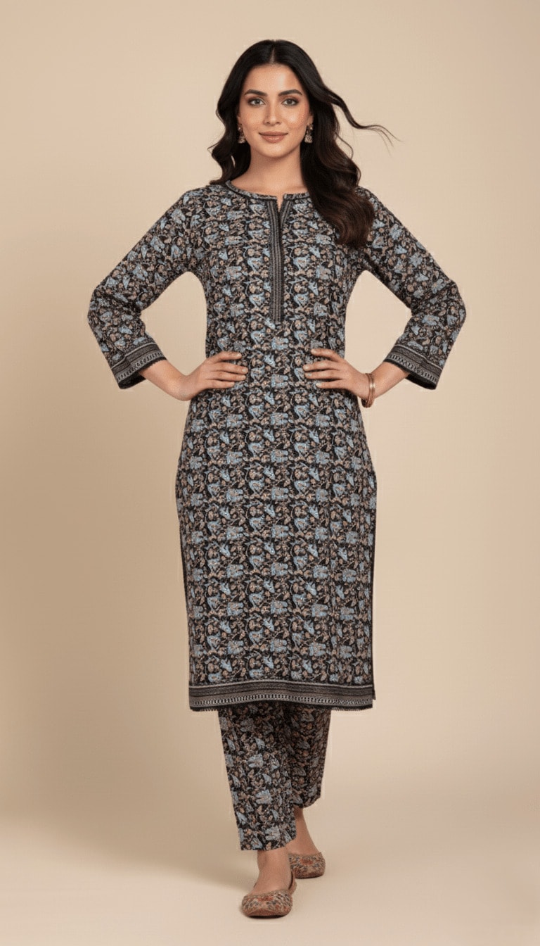Binsaeed Printed Khaddar Suit Charcoal Floral 2pc Winter Suit | SuitsMeUK
