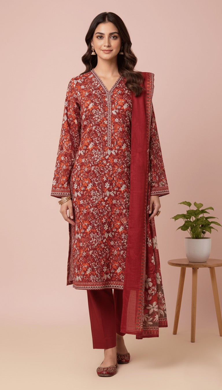 Binsaeed Rust Red Floral Khaddar 3PC Suit with Shawl | SuitsMeUK
