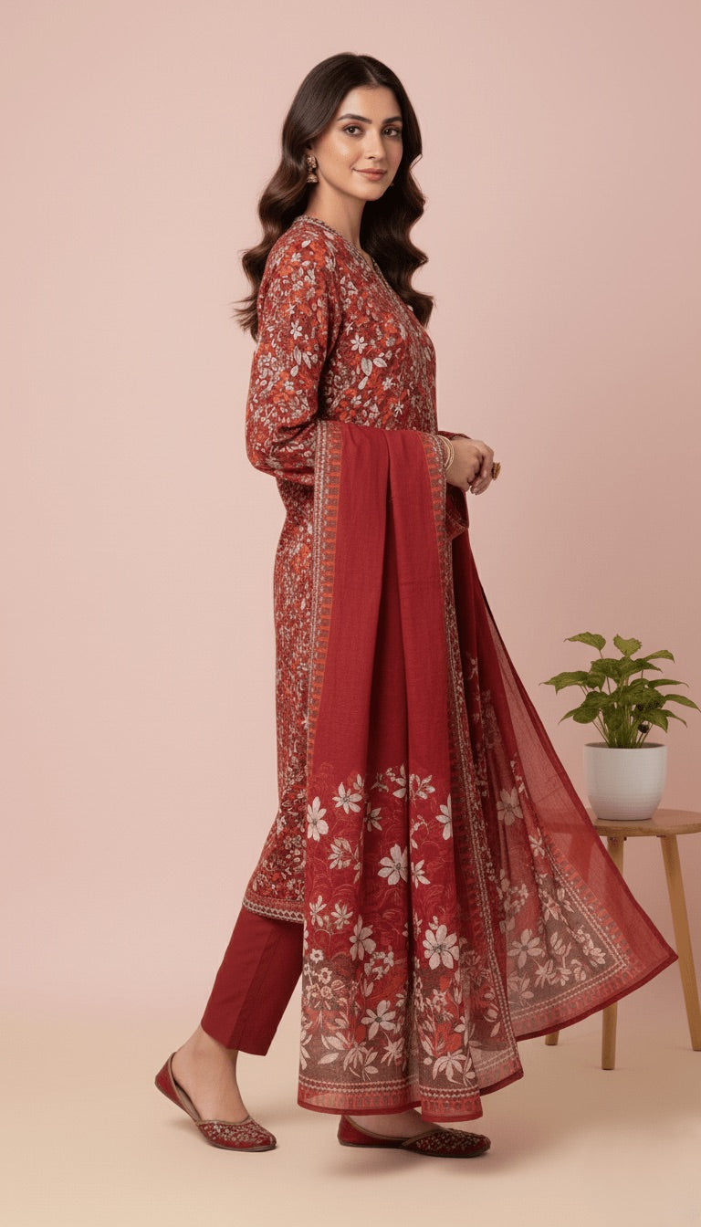 Binsaeed Rust Red Floral Khaddar 3PC Suit with Shawl | SuitsMeUK