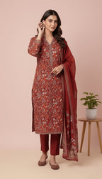 Binsaeed Rust Red Floral Khaddar 3PC Suit with Shawl | SuitsMeUK