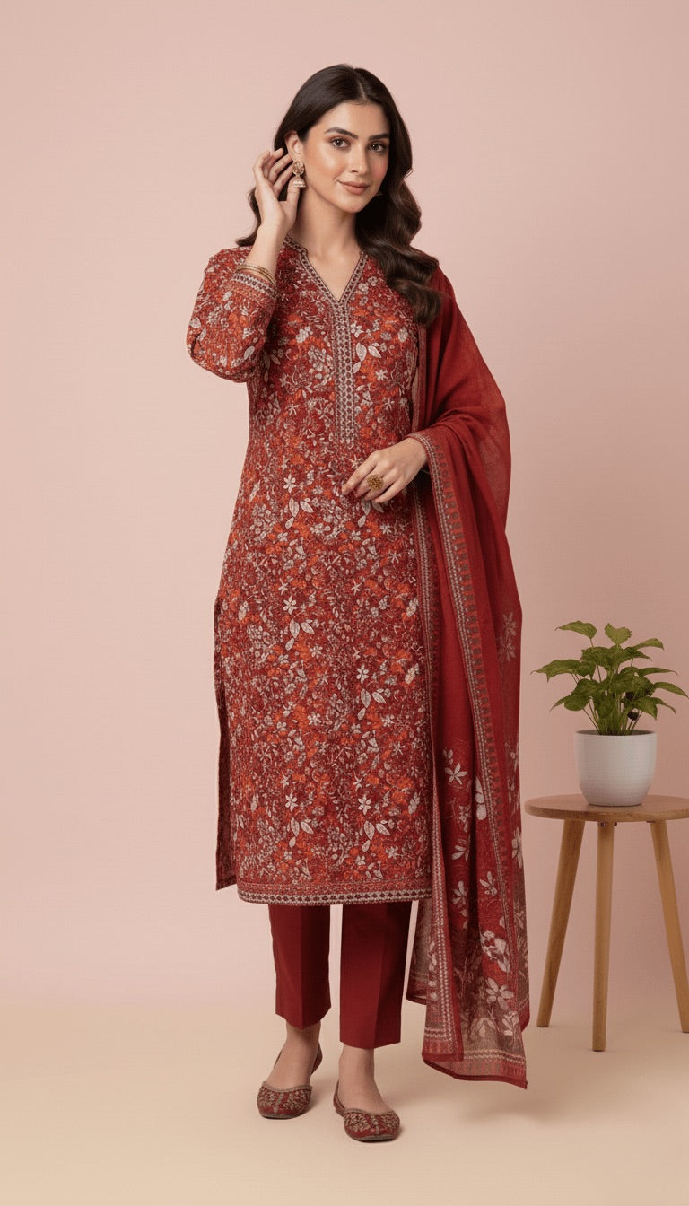 Binsaeed Rust Red Floral Khaddar 3PC Suit with Shawl | SuitsMeUK