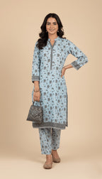 Binsaeed Sky Blue Floral Printed Khaddar 2-Piece Suit | SuitsMeUK