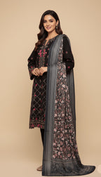 Binsaeed Three-Piece Khaddar Black Floral Embroidered Suit