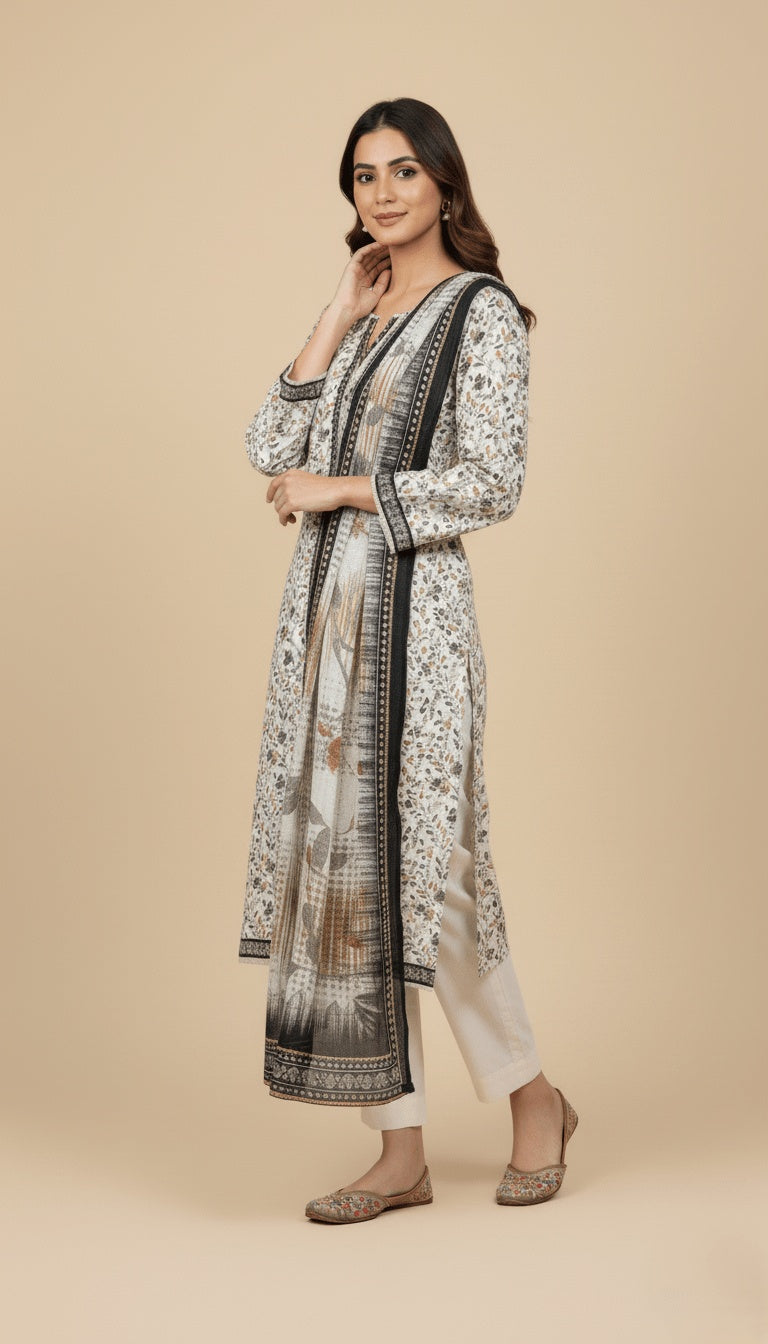 Binsaeed Three-Piece Khaddar Black & Ivory Printed Suit