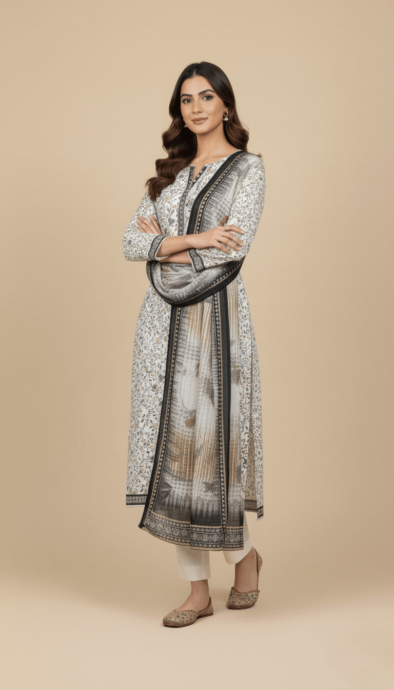 Binsaeed Three-Piece Khaddar Black & Ivory Printed Suit