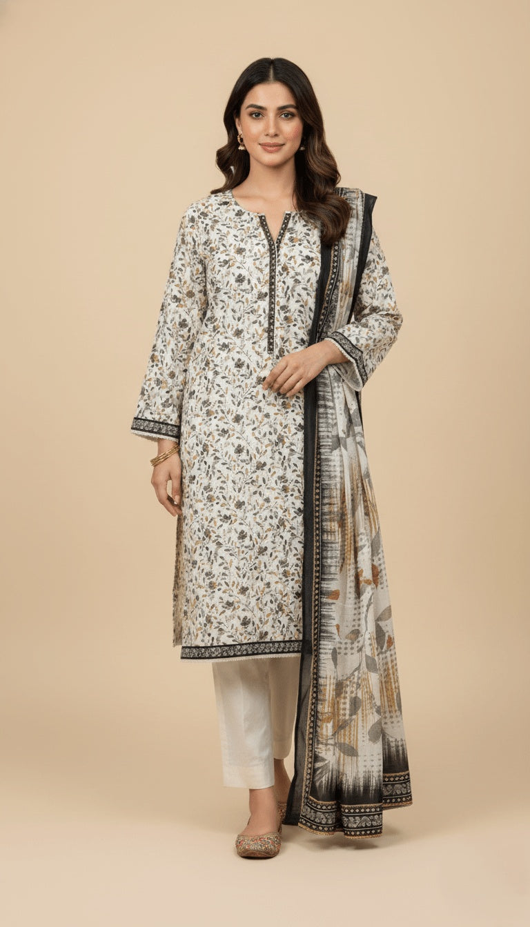 Binsaeed Three-Piece Khaddar Black & Ivory Printed Suit