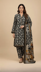 Binsaeed Three-Piece Khaddar Black, White & Tan Printed Suit