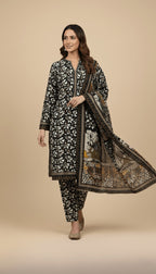 Binsaeed Three-Piece Khaddar Black, White & Tan Printed Suit