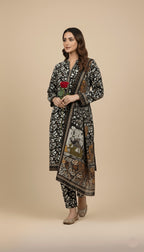 Binsaeed Three-Piece Khaddar Black, White & Tan Printed Suit