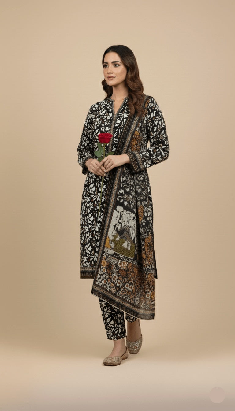 Binsaeed Three-Piece Khaddar Black, White & Tan Printed Suit