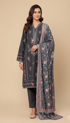 Binsaeed Three-Piece Khaddar Charcoal Grey Embroidered Suit