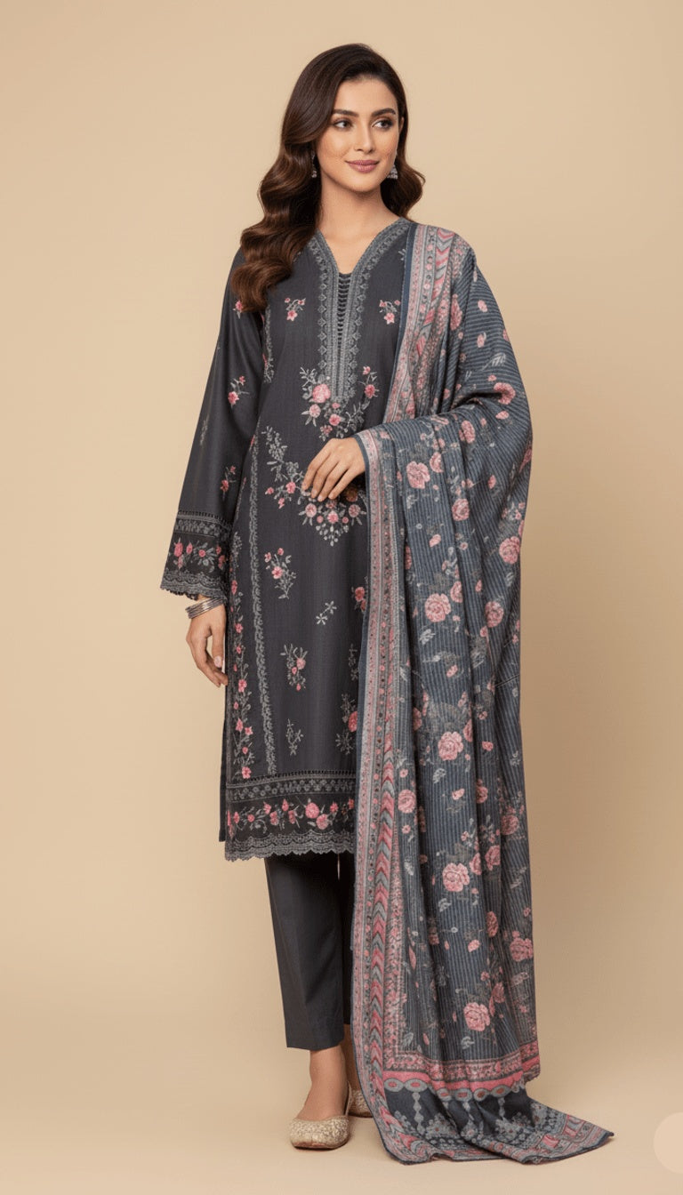 Binsaeed Three-Piece Khaddar Charcoal Grey Embroidered Suit