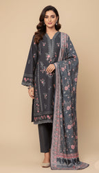 Binsaeed Three-Piece Khaddar Charcoal Grey Embroidered Suit