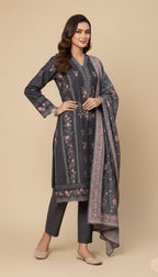 Binsaeed Three-Piece Khaddar Charcoal Grey Embroidered Suit