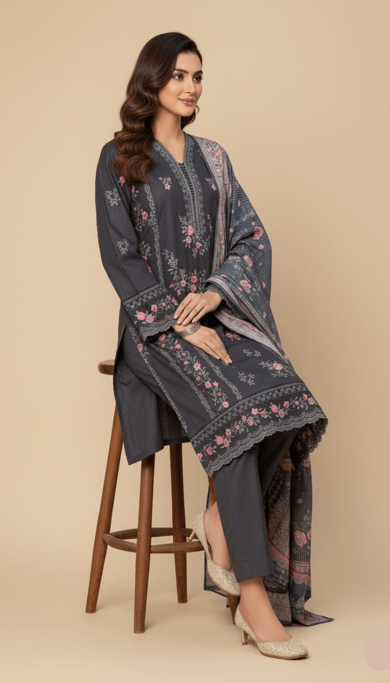 Binsaeed Three-Piece Khaddar Charcoal Grey Embroidered Suit