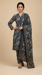 Binsaeed Three-Piece Khaddar Charcoal & Taupe Printed Suit