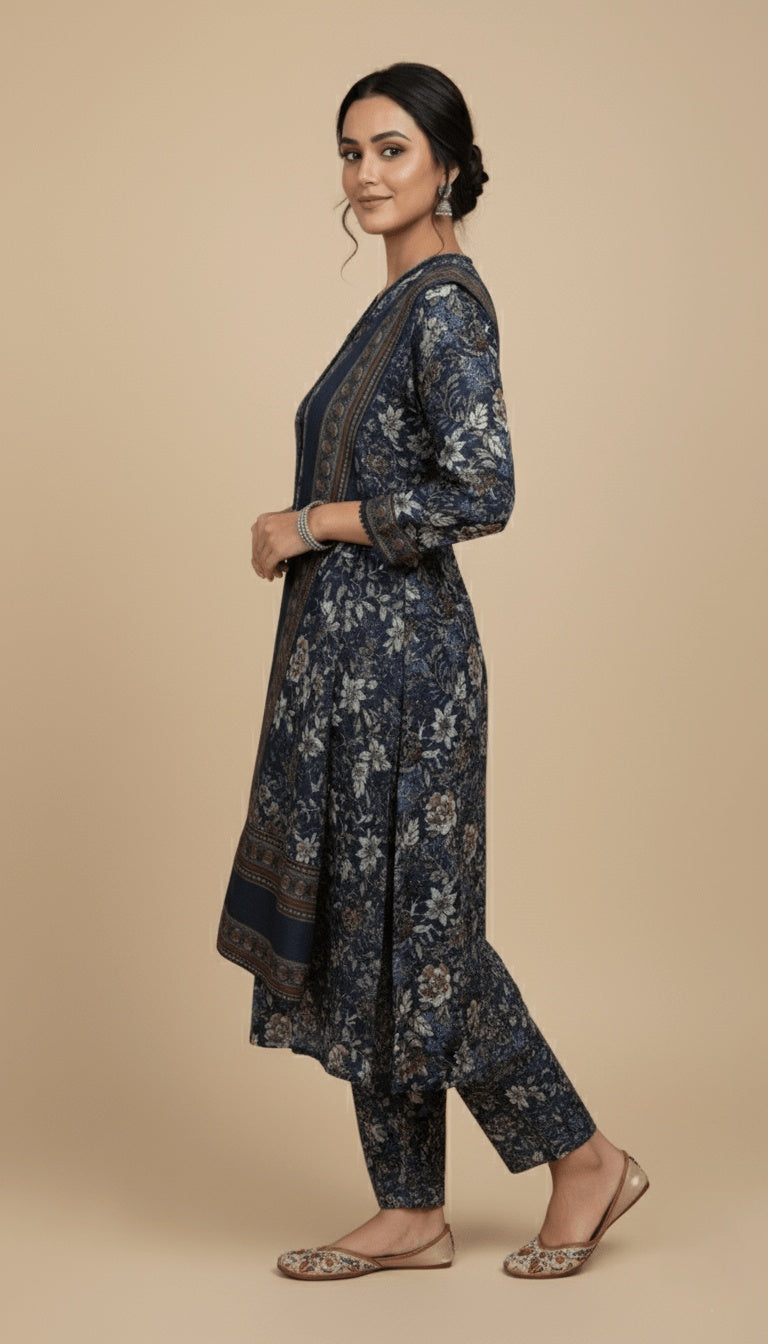 Binsaeed Three-Piece Khaddar Charcoal & Taupe Printed Suit