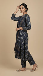 Binsaeed Three-Piece Khaddar Charcoal & Taupe Printed Suit