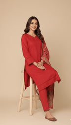 Binsaeed Three-Piece Khaddar Crimson Red Embroidered Suit