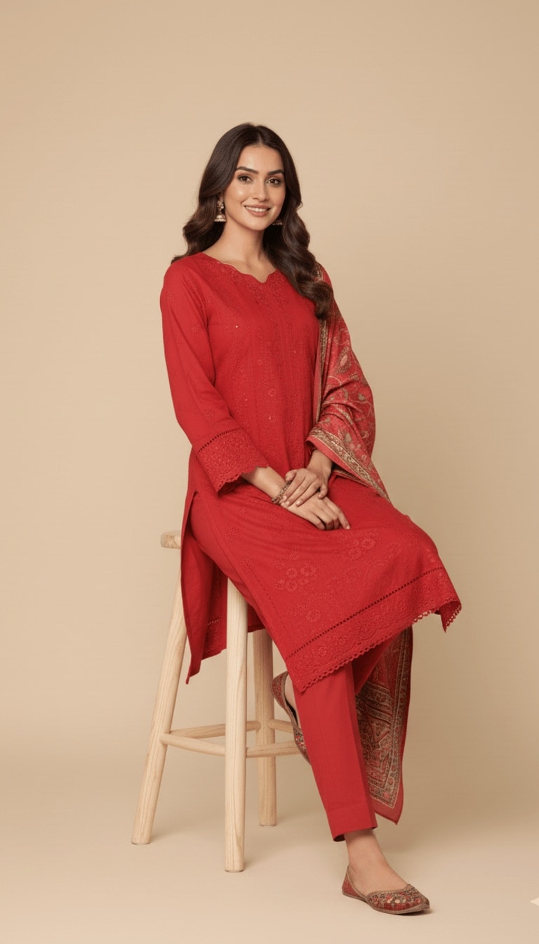 Binsaeed Three-Piece Khaddar Crimson Red Embroidered Suit
