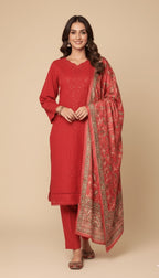 Binsaeed Three-Piece Khaddar Crimson Red Embroidered Suit