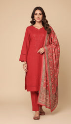 Binsaeed Three-Piece Khaddar Crimson Red Embroidered Suit