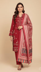 Binsaeed Three-Piece Khaddar Deep Crimson Embroidered Suit