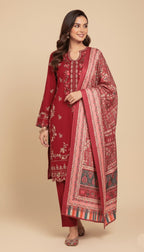 Binsaeed Three-Piece Khaddar Deep Crimson Embroidered Suit