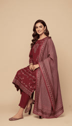 Binsaeed Three-Piece Khaddar Deep Maroon Embroidered Suit