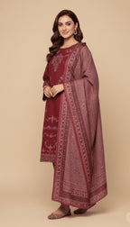 Binsaeed Three-Piece Khaddar Deep Maroon Embroidered Suit