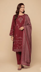 Binsaeed Three-Piece Khaddar Deep Maroon Embroidered Suit