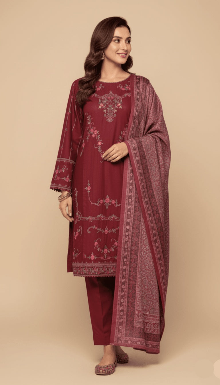 Binsaeed Three-Piece Khaddar Deep Maroon Embroidered Suit
