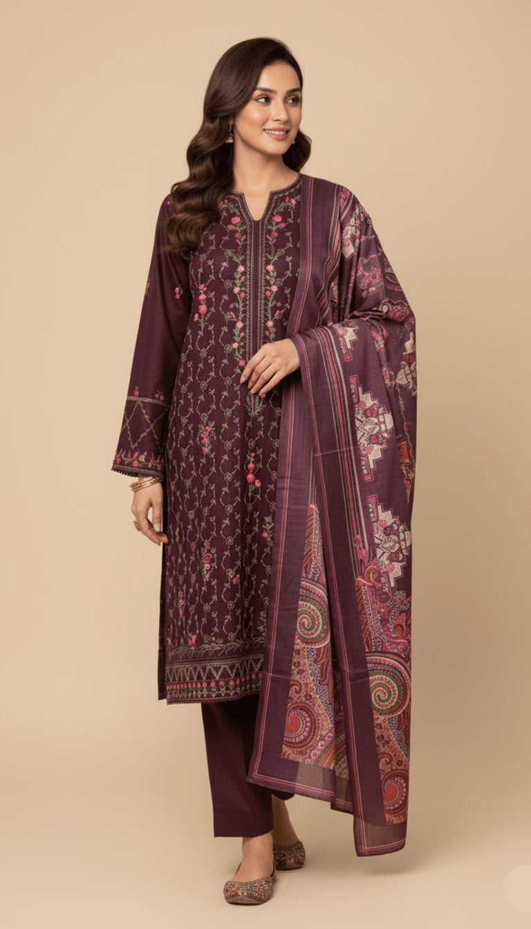 Binsaeed Three-Piece Khaddar Deep Maroon Printed Suit