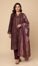 Binsaeed Three-Piece Khaddar Deep Maroon Printed Suit