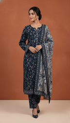 Binsaeed Three-Piece Khaddar Deep Navy & Grey Printed Suit