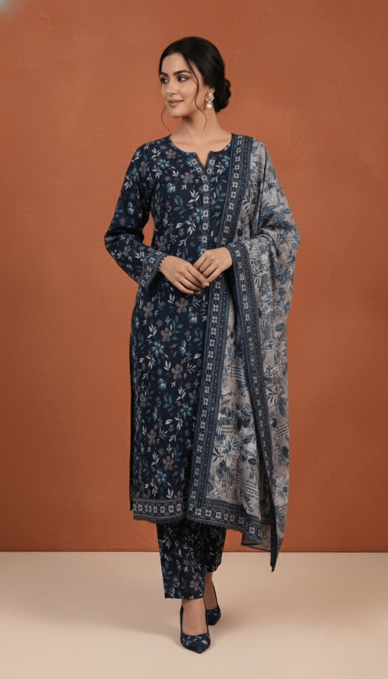Binsaeed Three-Piece Khaddar Deep Navy & Grey Printed Suit