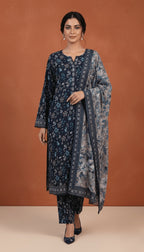 Binsaeed Three-Piece Khaddar Deep Navy & Grey Printed Suit