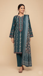 Binsaeed Three-Piece Khaddar Deep Teal Embroidered Suit