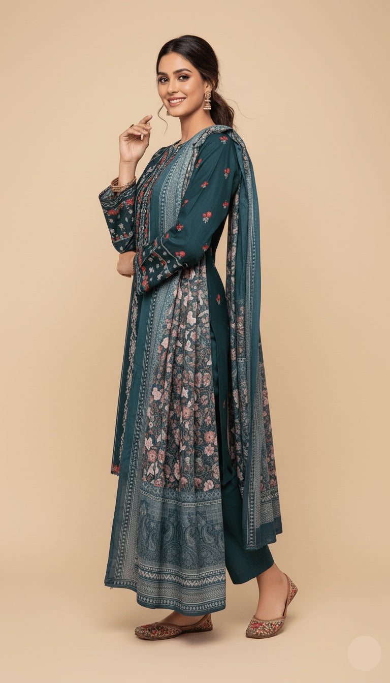 Binsaeed Three-Piece Khaddar Deep Teal Embroidered Suit