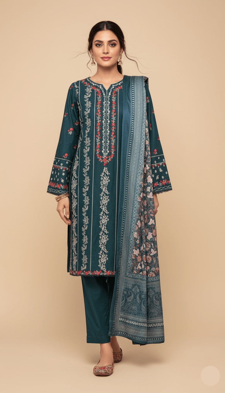 Binsaeed Three-Piece Khaddar Deep Teal Embroidered Suit