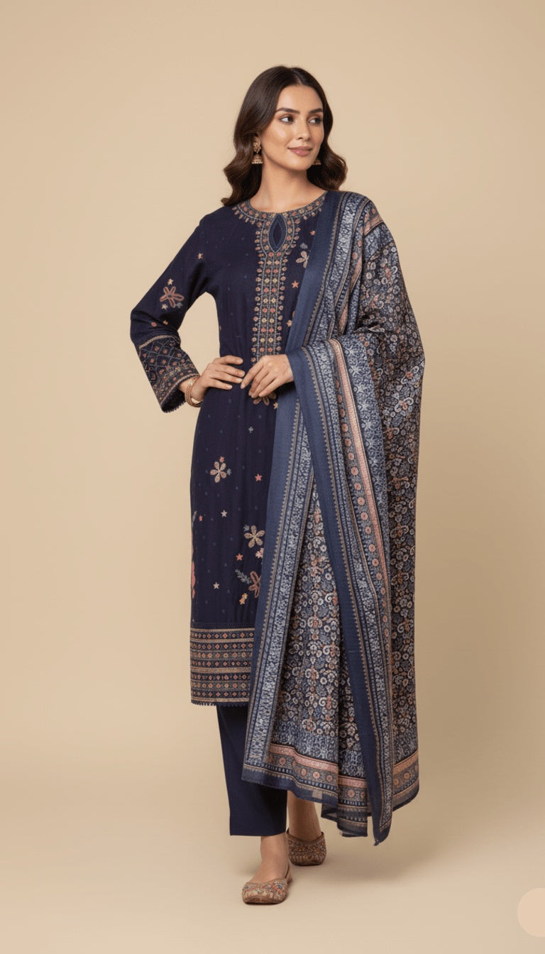 Binsaeed Three-Piece Khaddar Midnight Blue & Gold Embroidered-Look Suit
