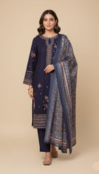 Binsaeed Three-Piece Khaddar Midnight Blue & Gold Embroidered-Look Suit